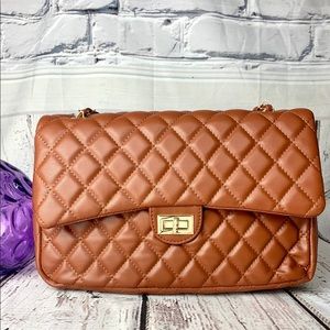 Camel/Gold Large Diamond quilted crossbody bag with brushed chain
